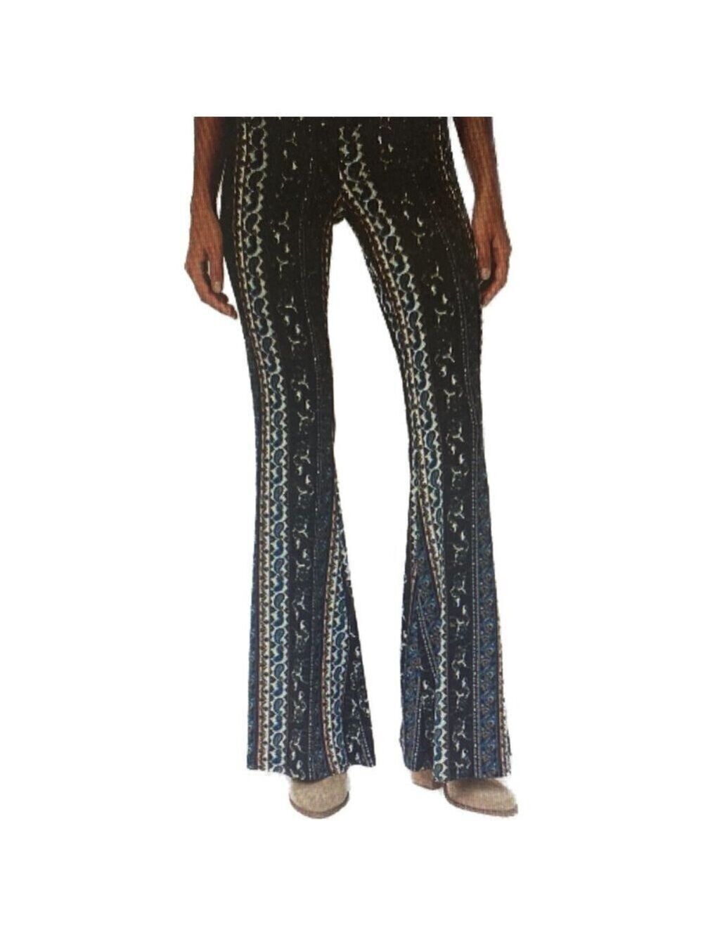 90S JUNIPER BLU BOHO PAISLEY VERTICAL PRINTED FLARE PANT BELL BOTTOM SZ M EUC